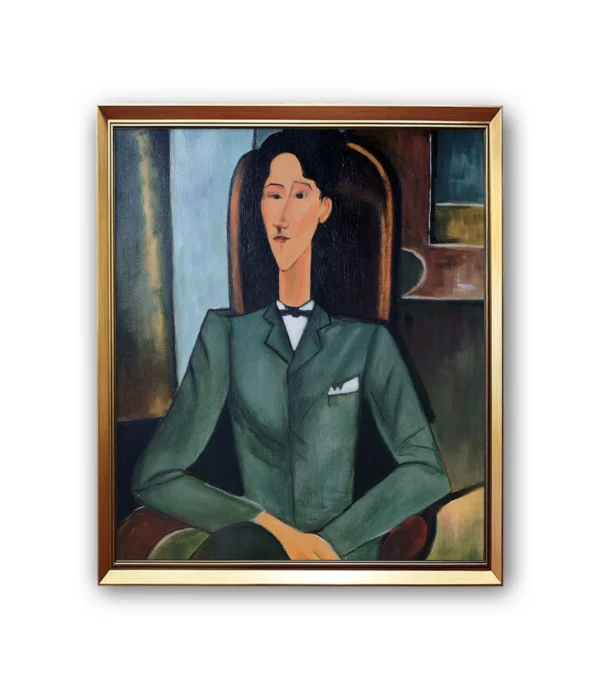 Framed reproduction of Amedeo Modigliani ’s "Portrait of Jean Cocteau" with gold frame, displayed in modern luxury home decor.