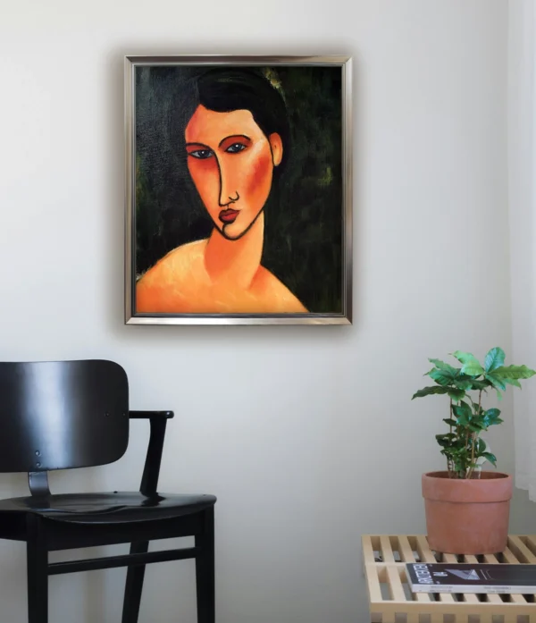 Silver Frame: Amedeo Modigliani "Young Girl with Blue Eyes" wall art in living room - Silver minimalist frame in natural daylight