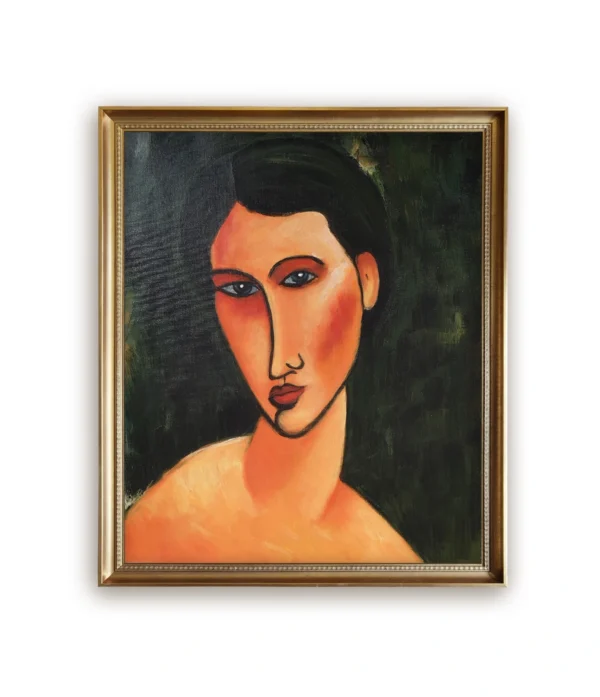 Amedeo Modigliani's "Young Girl with Blue Eyes" oil painting recreation with gold leaf frame, hand-painted museum-quality recreation