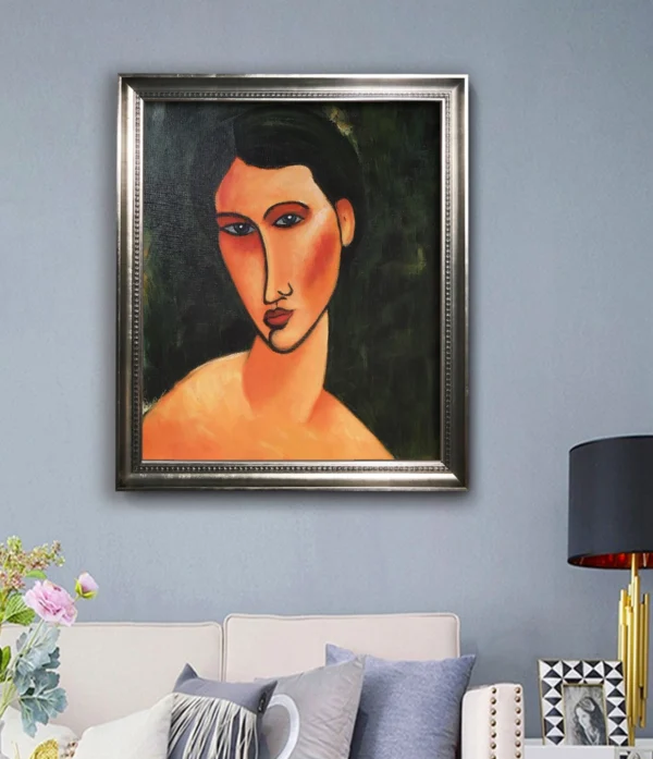 Silver Frame: Amedeo Modigliani "Young Girl with Blue Eyes" wall art in living room - Silver minimalist frame in natural daylight