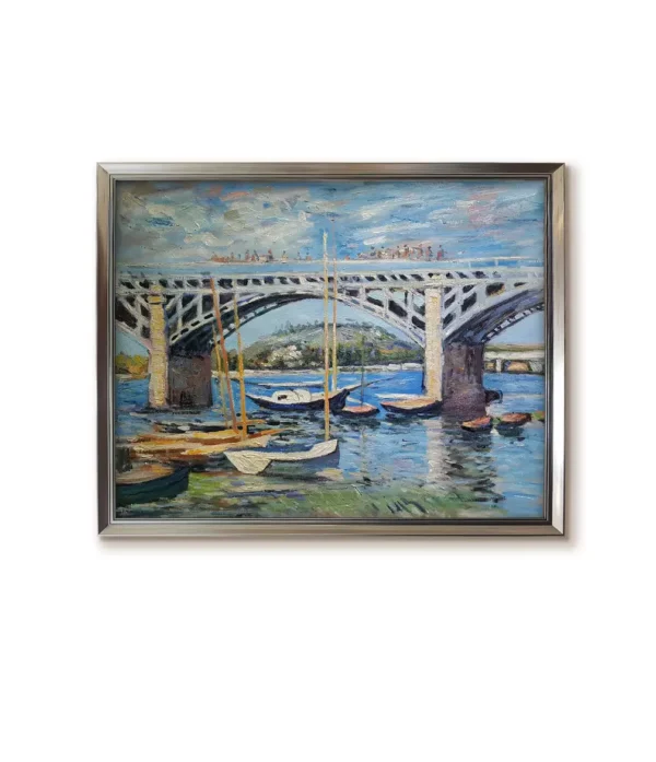 Modern silver floater frame (2550S) displaying Monet's The Seine at Argenteuil 1874 replica on concrete texture wal
