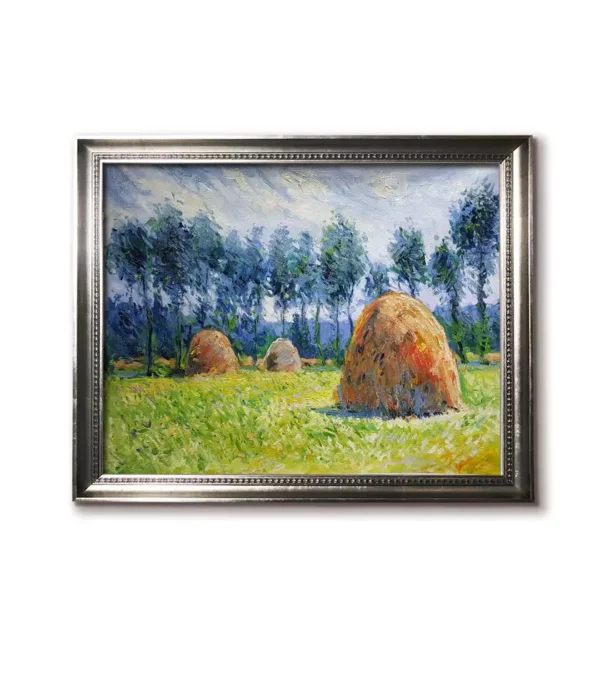 Modern silver floater frame-4032S displays Monet's Haystacks reproduction against gallery white wall