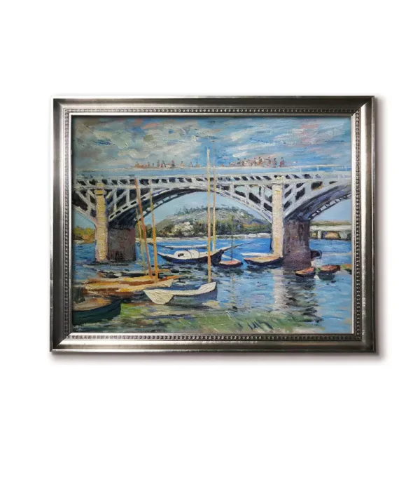 Modern silver floater frame(4032S) displaying Monet's The Seine at Argenteuil 1874 replica on concrete texture wall.