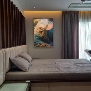 Schwabe oil painting reproduction displayed in modern bed room setting