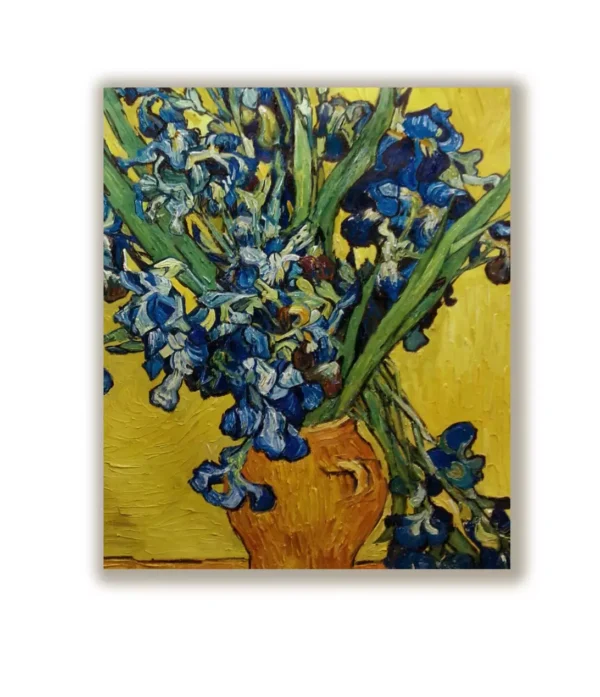 Hand-painted Van Gogh Vase with Irises oil painting replica texture details - impasto brushstroke close-up.