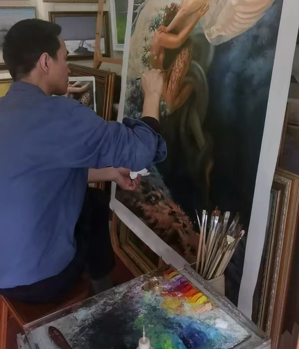 Artist Tom Fan is mofify the cuatom reproduction oil painting Spleen and Ideal, Carlos Schwabe's art, 146x97cm