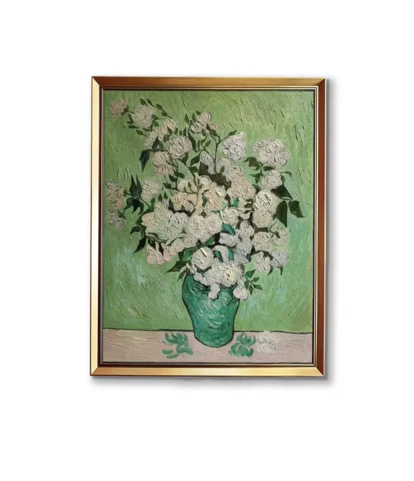 Hand-painted Van Gogh Vase of Roses oil painting replica in luxury gold frame(2550G) - museum quality floral art