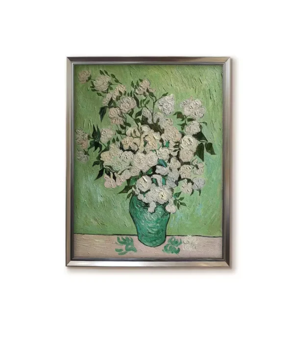 Hand-painted Van Gogh Vase of Roses replica in modern silver frame(2550S) - custom floral oil painting art