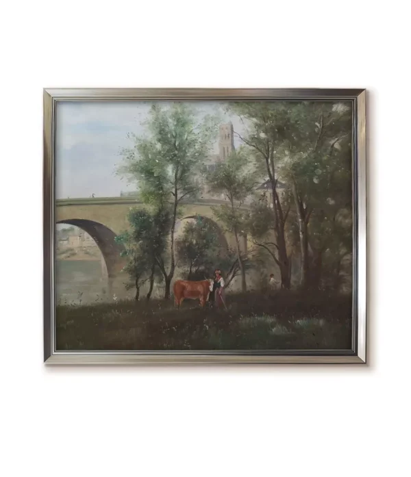 Modern Silver Framed (2550S) Mantes Seine Banks Art Replica | Affordable Corot Painting Reproduction
