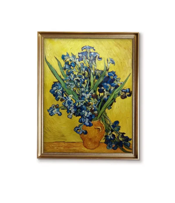 Hand-painted Van Gogh Vase with Irises oil painting replica in gold frame(4032G) - museum quality floral art.
