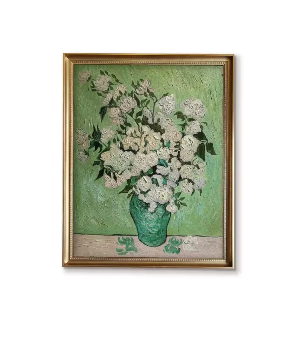 Hand-painted Van Gogh Vase of Roses oil painting replica in luxury gold frame(4032G) - museum quality floral art