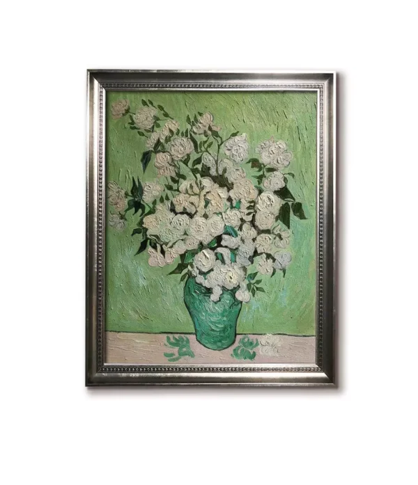 Hand-painted Van Gogh Vase of Roses replica in modern silver frame(4032S) - custom floral oil painting art