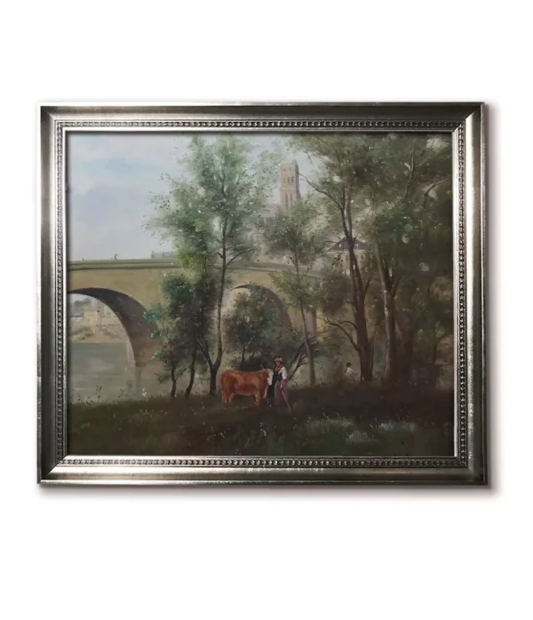 Modern Silver Framed(4032S) Mantes Seine Banks Art Replica | Affordable Corot Painting Reproduction