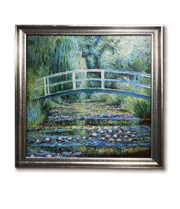 Monet Water Lilies and Japanese Bridge hand-painted replica in silver frame(4302S)