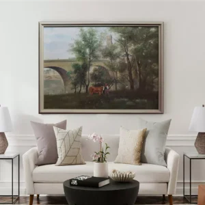 Mantes Seine Banks Oil Painting in Living Room Décor | Camille Corot Replica Interior Design