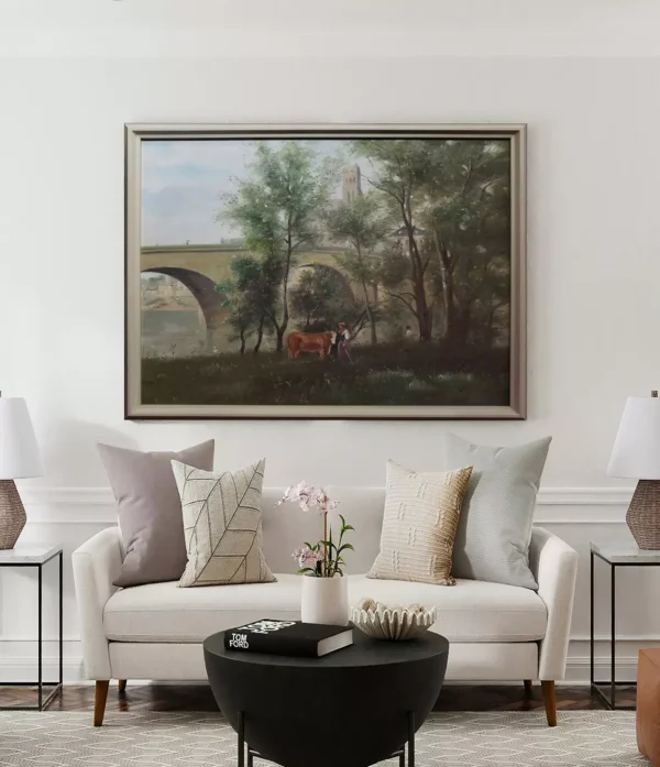 Mantes Seine Banks Oil Painting in Living Room Décor | Camille Corot Replica Interior Design