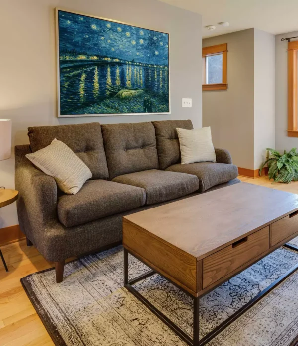 Van Gogh Starry Night replica oil painting in living room decor - custom wall art visualization