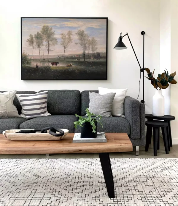 Souvenir Amiens Oil Painting in Living Room Décor | Camille Corot Replica Interior Design