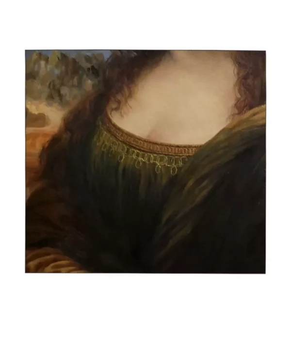 Close-up of Mona Lisa hand-painted reproduction showing sfumato technique