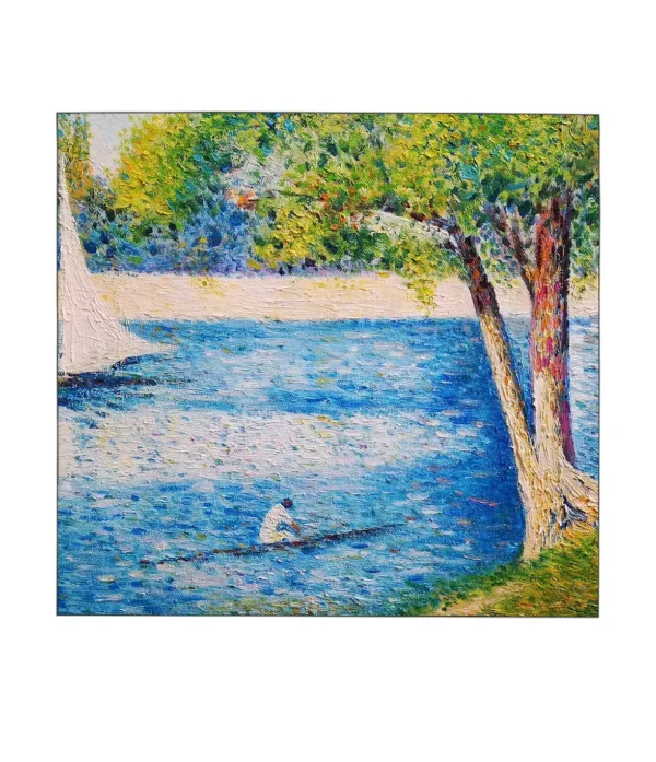 Macro view of Seurat pointillist technique in The Seine reproduction