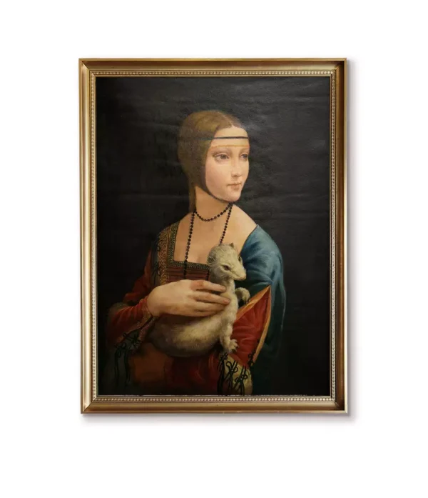 Hand-painted Lady with an Ermine reproduction oil painting in ornate gold frame, Leonardo da Vinci famous portrait replica