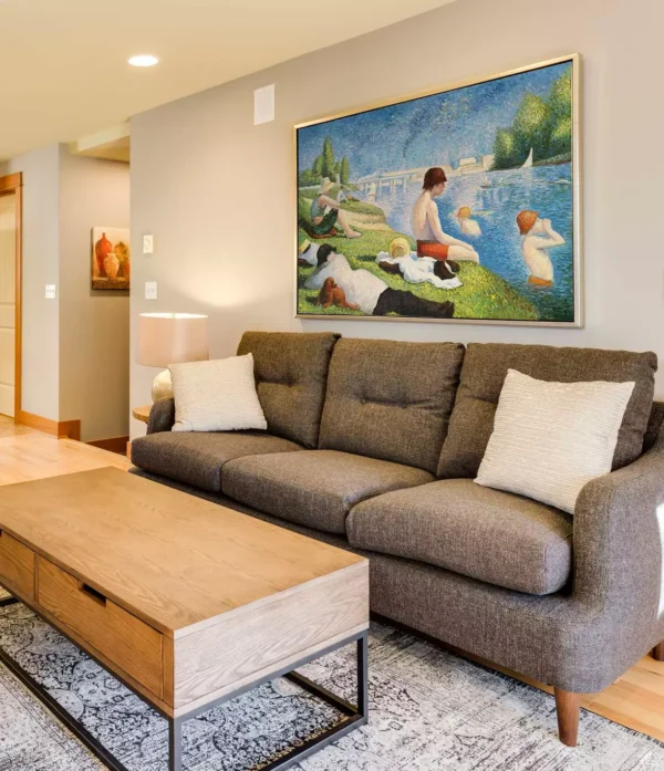 Georges Seurat Baigneurs a Asnieres reproduction in a stylish living room – custom artwork replica