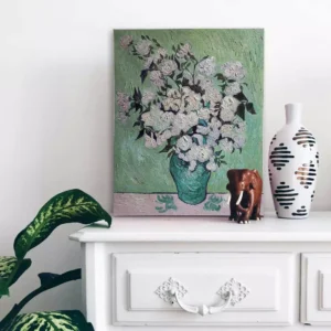 Hand-painted Van Gogh Vase of Roses oil painting replica in living room decor - floral wall art inspiration.