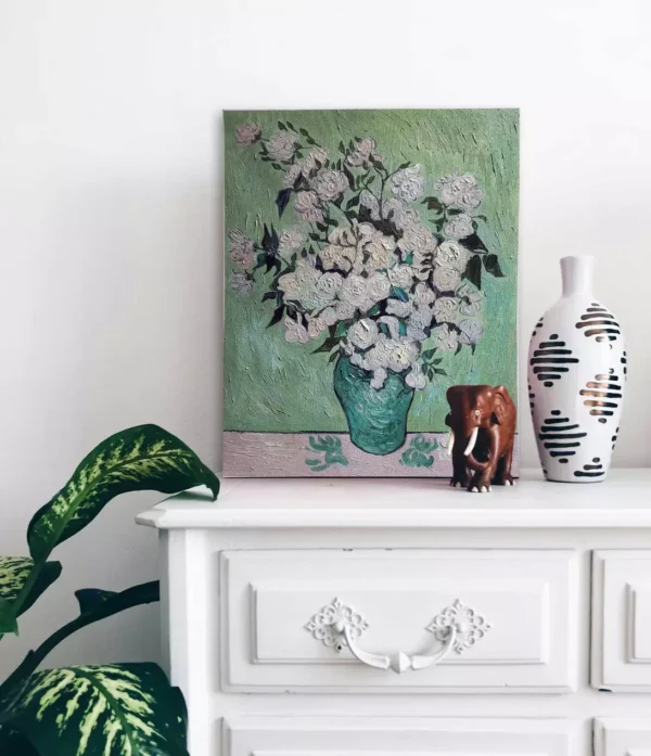 Hand-painted Van Gogh Vase of Roses oil painting replica in living room decor - floral wall art inspiration.