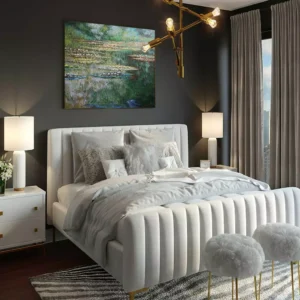 Monet water lilies painting reproduction in elegant living room setting