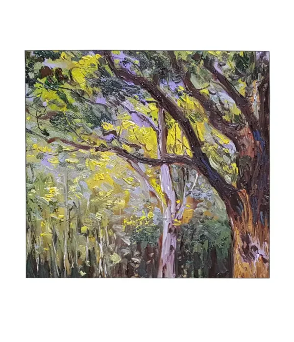 Close-up brushstroke details of Claude Monet The Bodmer Oak Fontainebleau Forest oil painting reproduction - hand-painted texture