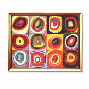 "Hand-Painted Kandinsky Color Study – Squares with Concentric Circles Reproduction in Gold Frame 2550G| Abstract Wall Art Decor