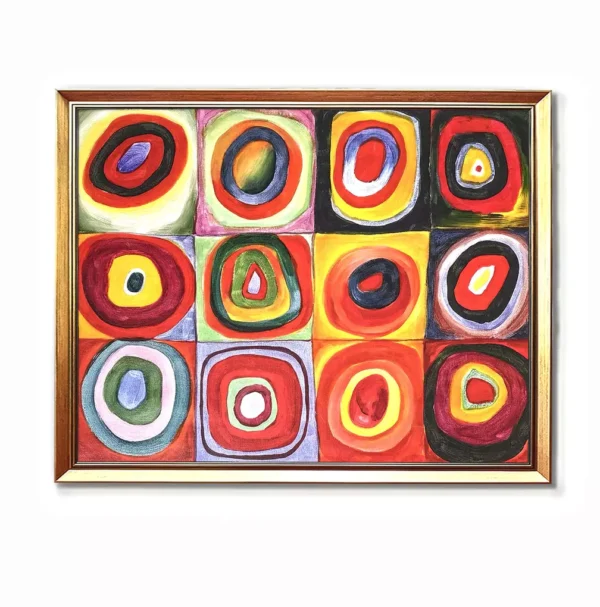 "Hand-Painted Kandinsky Color Study – Squares with Concentric Circles Reproduction in Gold Frame 2550G| Abstract Wall Art Decor
