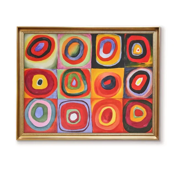 "Hand-Painted Kandinsky Squares with Concentric Circles Reproduction in Gold Frame 4032G | Abstract Wall Art Decor