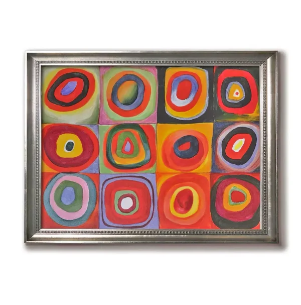 Contemporary Silver Framed 4032S Kandinsky Art Reproduction-Color Study – Squares with Concentric Circles | Modern Abstract Painting Replica