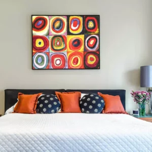 Kandinsky Abstract Art Color Study – Squares with Concentric Circles in Modern Living Room | Colorful Wall Decor Visualization