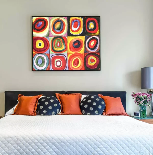 Kandinsky Abstract Art Color Study – Squares with Concentric Circles in Modern Living Room | Colorful Wall Decor Visualization