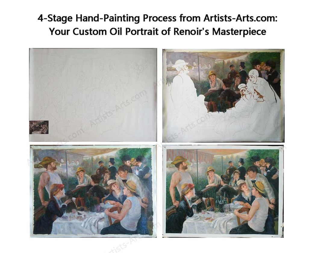 FAQ 2 Custom oil portraits reproduction process - Hand-painted stages of Renoir's Luncheon of the Boating Party with artist quality checks
