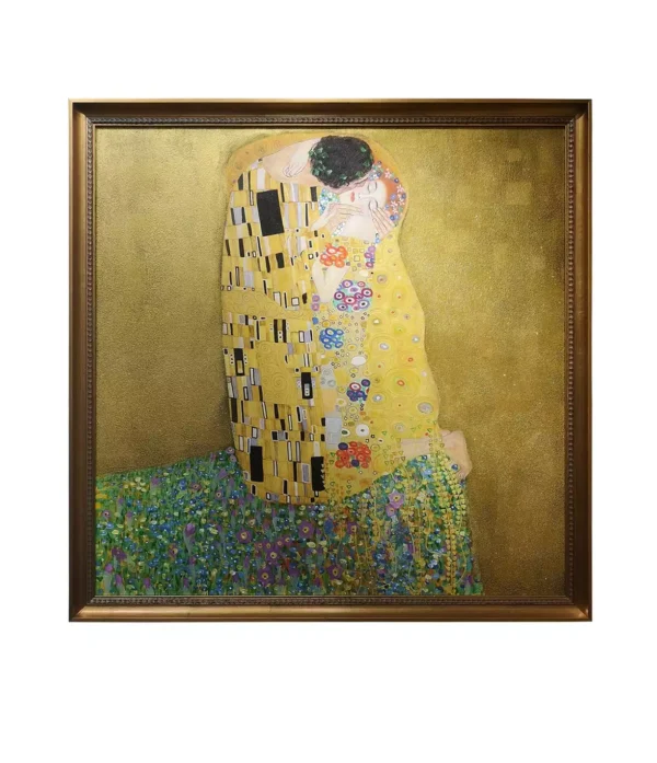 Golden framed Gustav Klimt The Kiss oil painting reproduction with gold leaf texture
