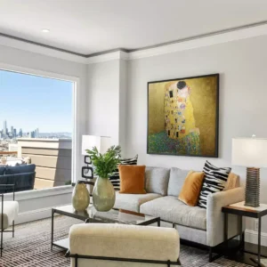 The Kiss reproduction in bedroom setting with ambient lighting effects