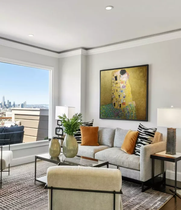 The Kiss reproduction in bedroom setting with ambient lighting effects