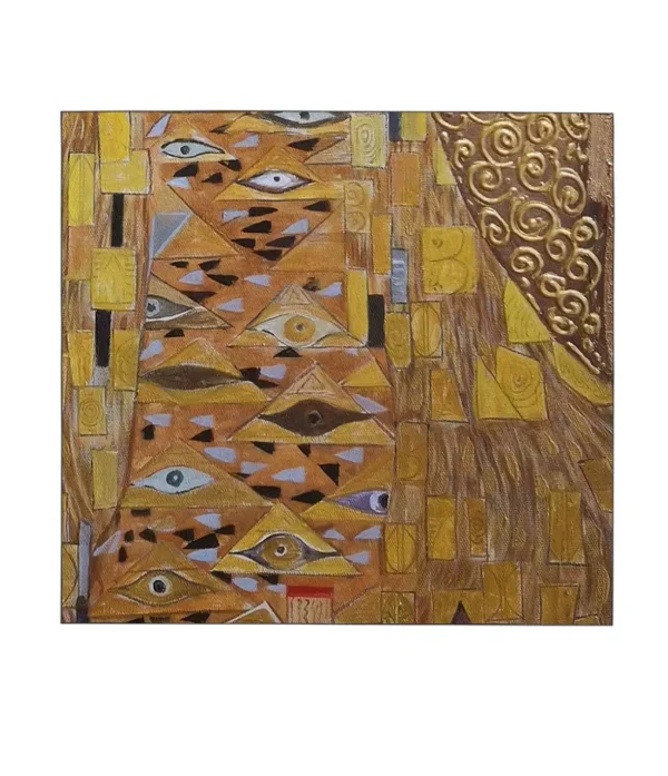 Close-up of Gustav Klimt Adele reproduction gold-leaf patterns and brushstrokes