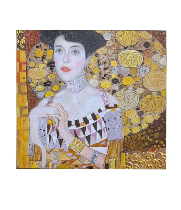 Close-up of Gustav Klimt Adele reproduction gold-leaf patterns and brushstrokes